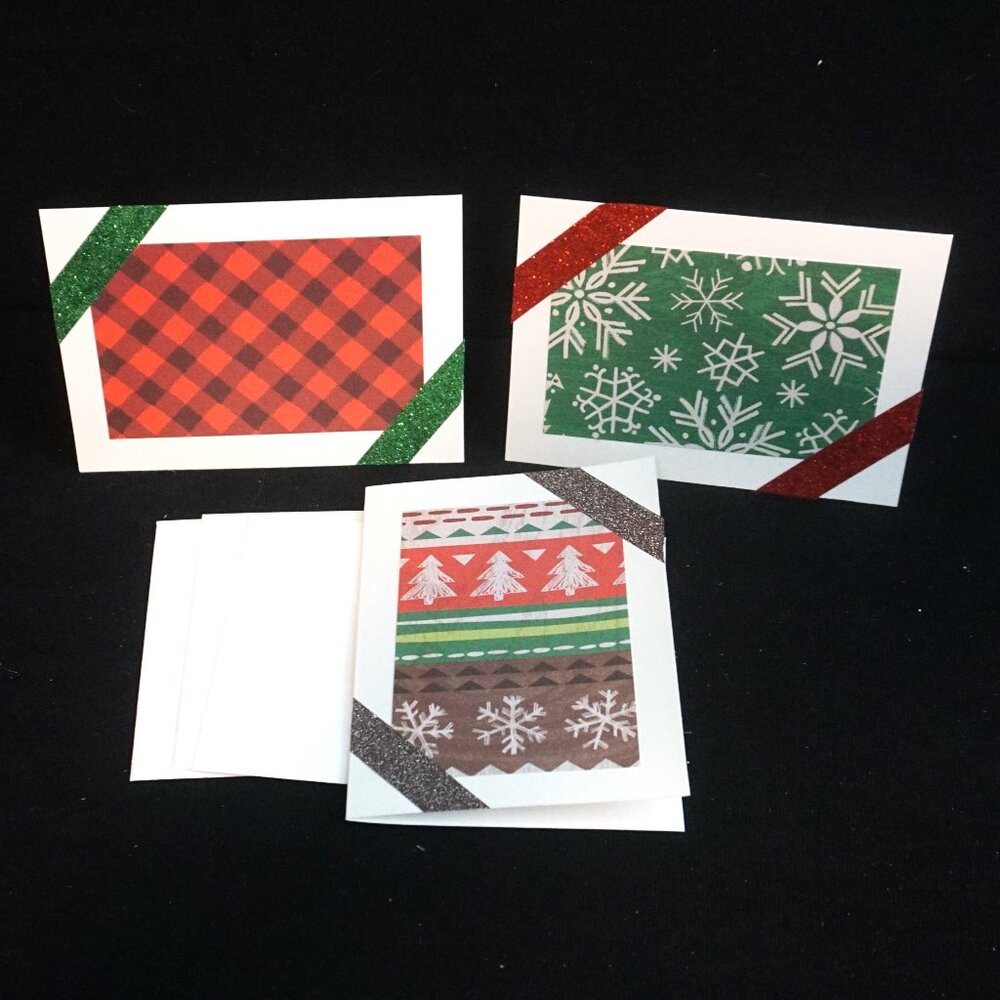 3 Country Lodge Winter Print Handmade Note Cards with Glitter Washi Tape
